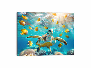 Sea turtle and yellow fish canvas art for bright coastal living room decor.