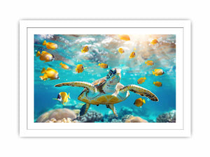 Sea turtle and yellow fish canvas art for bright coastal living room decor.