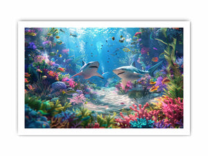 Colorful shark reef canvas art for bold coastal living room decor.