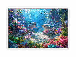 Colorful shark reef canvas art for bold coastal living room decor.