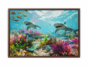 Pastel shark reef canvas art for colorful coastal kids room decor.