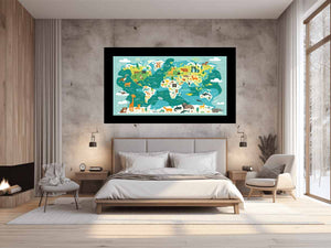 Illustrated animal world map canvas art for kids room decor.