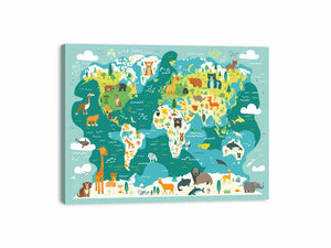Illustrated animal world map canvas art for kids room decor.