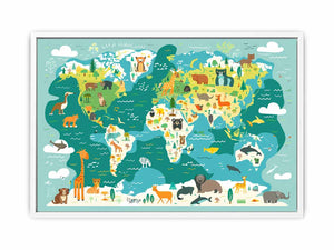 Illustrated animal world map canvas art for kids room decor.