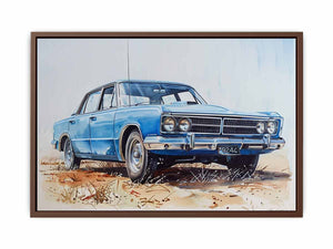 Vintage blue classic car watercolor canvas print for office decor.