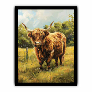 Highland cow meadow canvas art for farmhouse room decor.