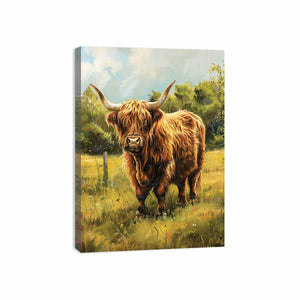 Highland cow meadow canvas art for farmhouse room decor.