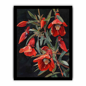 Red botanical native floral canvas art for dining room decor.