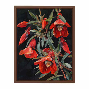 Red botanical native floral canvas art for dining room decor.