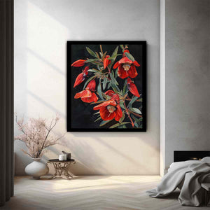 Red botanical native floral canvas art for dining room decor.