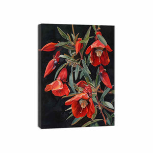 Red botanical native floral canvas art for dining room decor.