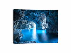 Blue sea cave wall art with turquoise water for coastal home decor.
