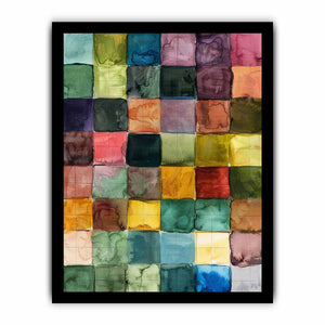 Colorful watercolor grid abstract canvas art for modern living room decor.