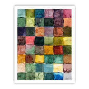 Colorful watercolor grid abstract canvas art for modern living room decor.