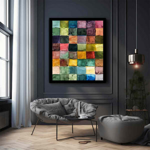 Colorful watercolor grid abstract canvas art for modern living room decor.