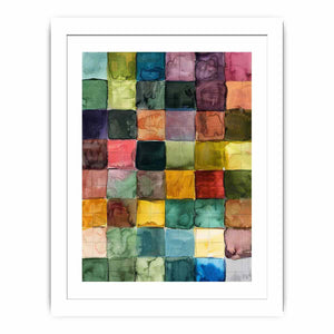 Colorful watercolor grid abstract canvas art for modern living room decor.
