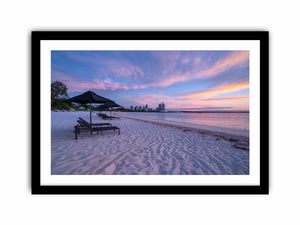 Panoramic beach sunset photography canvas art for coastal living room decor.