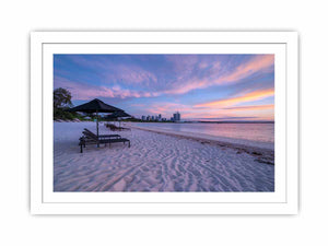 Panoramic beach sunset photography canvas art for coastal living room decor.