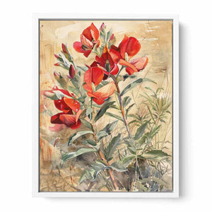 Red native floral watercolor canvas art for elegant living room decor.