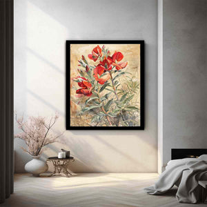 Red native floral watercolor canvas art for elegant living room decor.