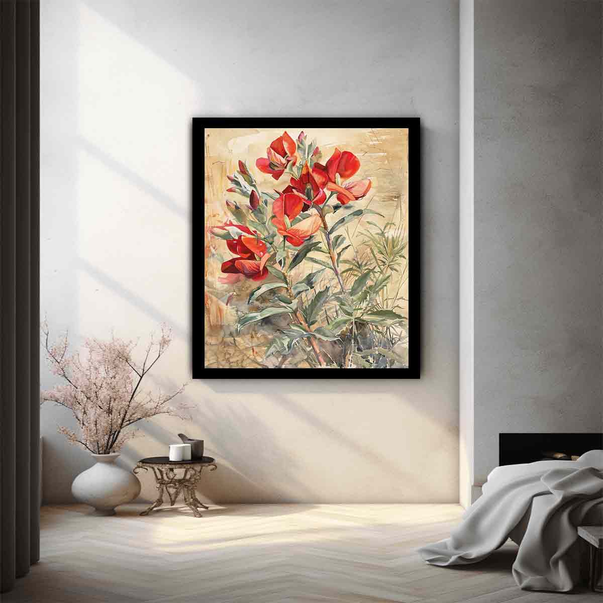 Red native floral watercolor canvas art for elegant living room decor.