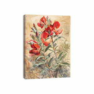 Red native floral watercolor canvas art for elegant living room decor.