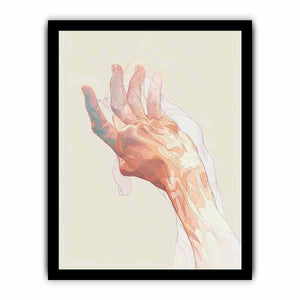 abstract open hand with layered fine outlines in blush pink, coral, peach and muted blue-green on a warm cream background