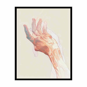 abstract open hand with layered fine outlines in blush pink, coral, peach and muted blue-green on a warm cream background