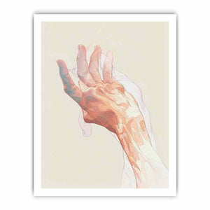 abstract open hand with layered fine outlines in blush pink, coral, peach and muted blue-green on a warm cream background