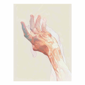 abstract open hand with layered fine outlines in blush pink, coral, peach and muted blue-green on a warm cream background