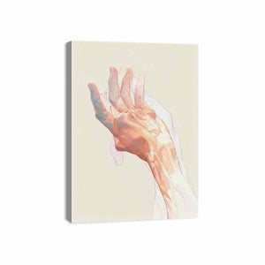 abstract open hand with layered fine outlines in blush pink, coral, peach and muted blue-green on a warm cream background