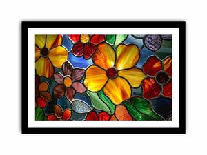 Colorful stained glass floral canvas art for bright living room or kitchen decor.