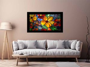 Colorful stained glass floral canvas art for bright living room or kitchen decor.