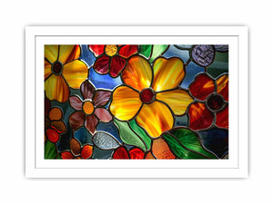 Colorful stained glass floral canvas art for bright living room or kitchen decor.