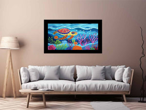 Colorful sea turtle canvas art for kids room, nursery, or beach house decor.