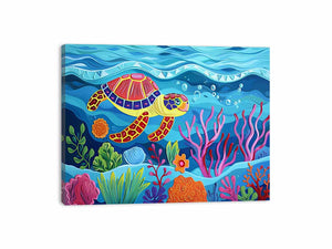 Colorful sea turtle canvas art for kids room, nursery, or beach house decor.