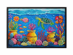 Whimsical sea turtle and coral canvas art for nursery or kids room decor.