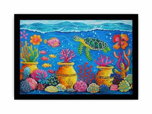 Whimsical sea turtle and coral canvas art for nursery or kids room decor.
