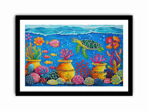 Whimsical sea turtle and coral canvas art for nursery or kids room decor.