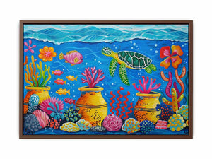 Whimsical sea turtle and coral canvas art for nursery or kids room decor.
