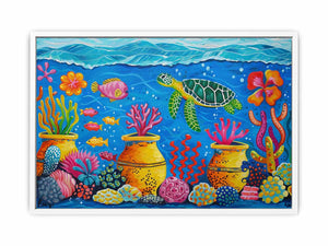 Whimsical sea turtle and coral canvas art for nursery or kids room decor.