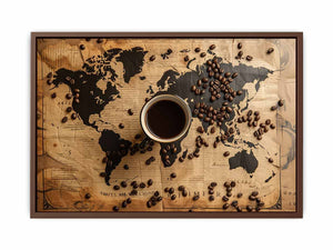Vintage coffee world map canvas art for kitchen, dining room, cafe, or home bar decor.