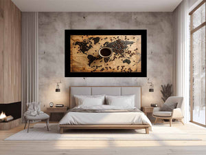 Vintage coffee world map canvas art for kitchen, dining room, cafe, or home bar decor.