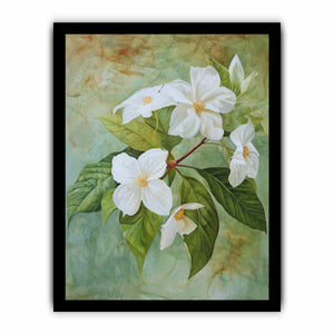White floral botanical canvas art with sage green leaves for calm bedroom or bathroom decor.