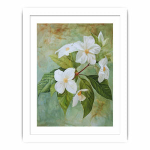 White floral botanical canvas art with sage green leaves for calm bedroom or bathroom decor.