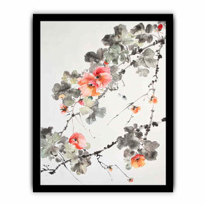 Asian watercolor floral canvas art with coral blossoms for serene hallway decor.
