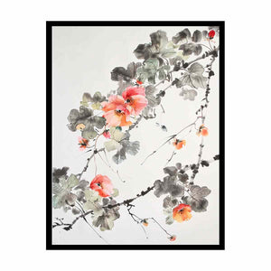 Asian watercolor floral canvas art with coral blossoms for serene hallway decor.