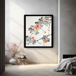 Asian watercolor floral canvas art with coral blossoms for serene hallway decor.