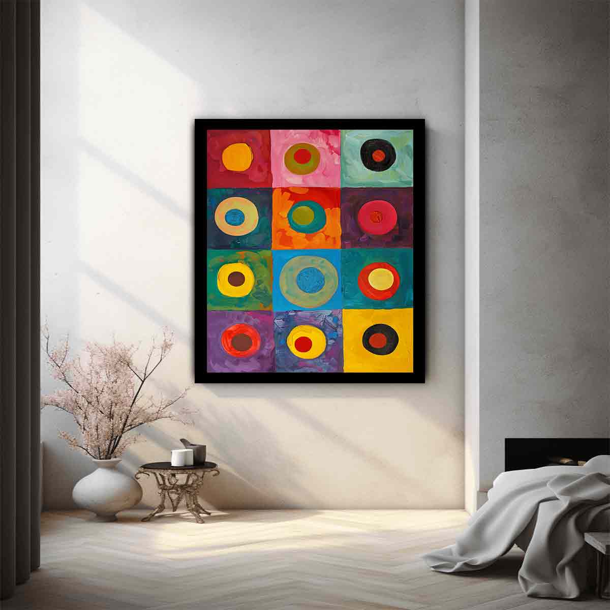 Colorful retro abstract grid canvas art with circles for creative room decor.
