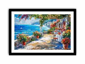 Mediterranean coastal terrace canvas art with ocean view for living room decor.